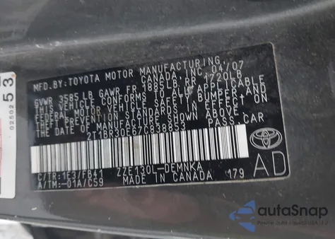 2007 Toyota Corolla Le z USA, uszkodzony, nr VIN 2T1BR30E67C838853